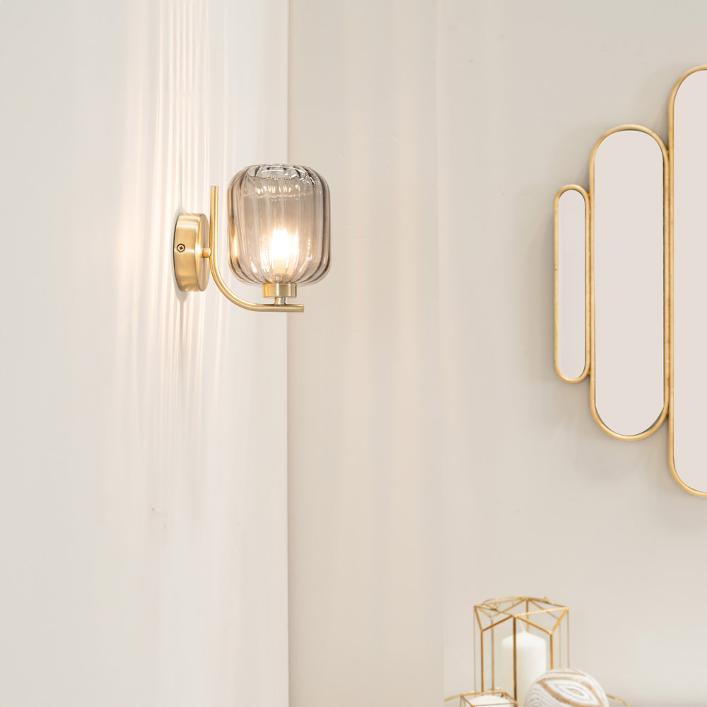 ValueLights Amelie 2 Pack Ribbed Glass Gold Stem LED Wall Light Image 2