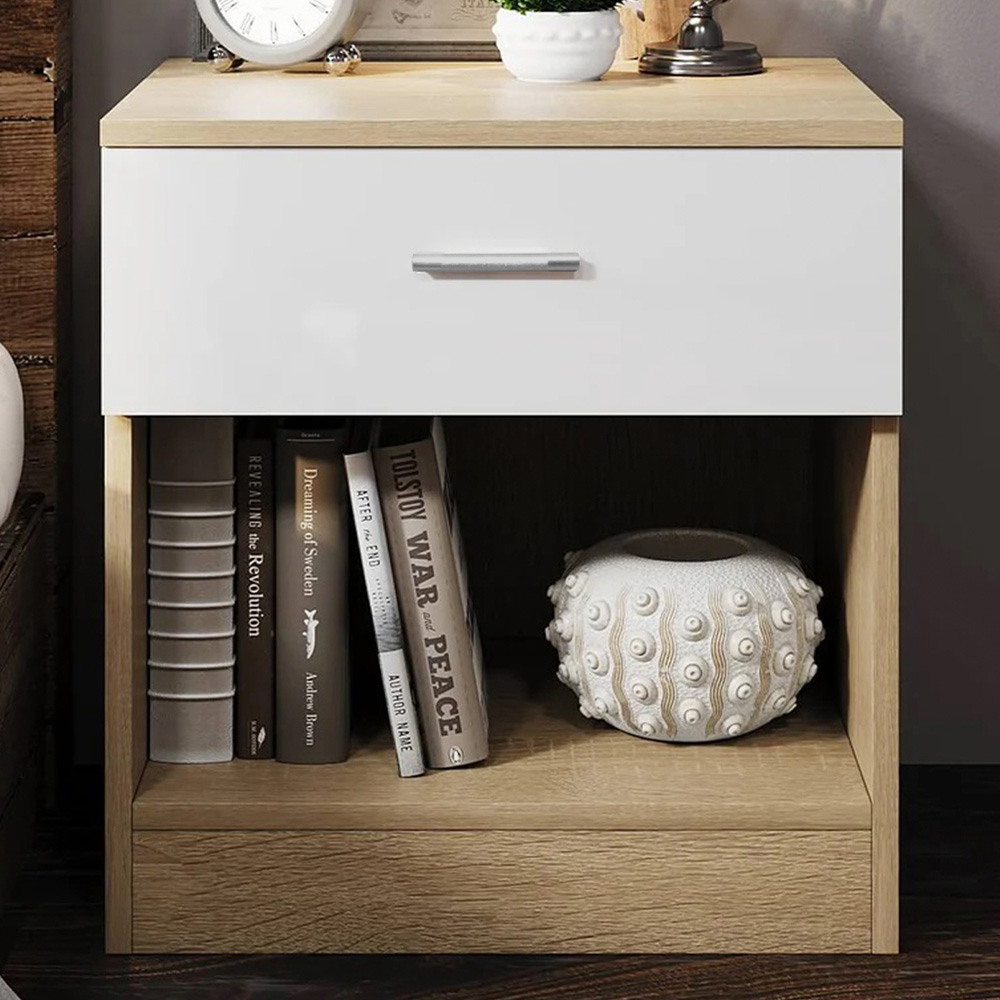 Brooklyn Single Drawer Oak and White High Gloss Bedside Table Image 1