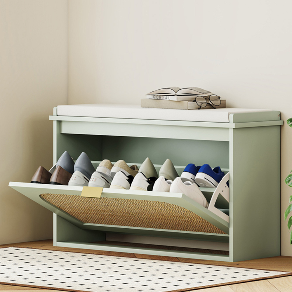 HOMCOM Single Flip Down Drawer Light Green Boho Rattan Shoe Rack Bench Image 1