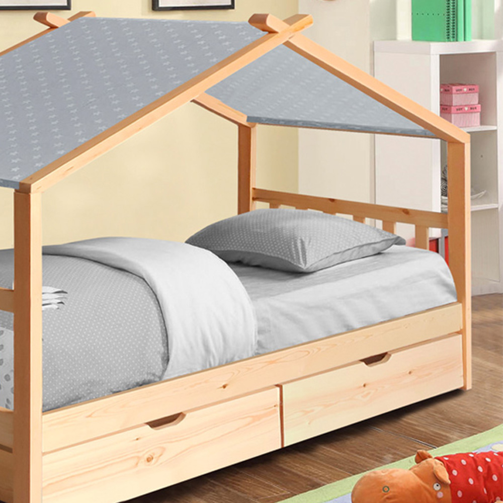 Brooklyn Single Natural Wooden House Storage Bed with Grey Tent Image 2