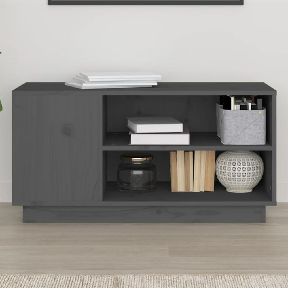 vidaXL 4 Shelf Grey Solid Pine TV Cabinet Image 1