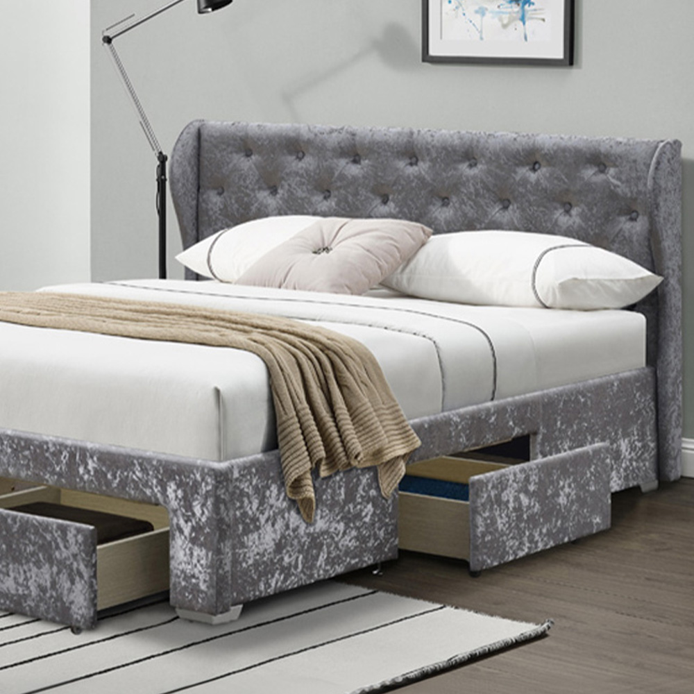 Brooklyn King Size Silver Crushed Velvet Upholstered Bed Frame with Winged Headboard Image 2