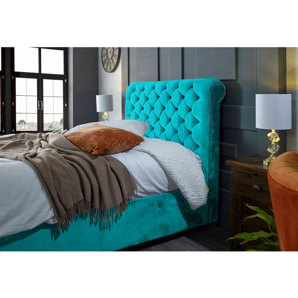 Eleganza Home Veneta Double Teal Plush Velvet Bed Frame with Chesterfield Headboard Image 2