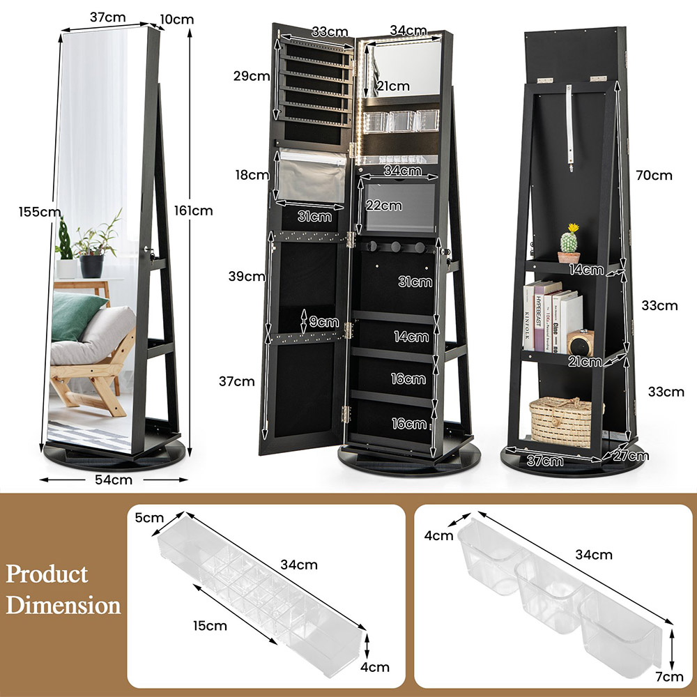 Costway Black Rotatable Mirrored Jewellery Armoire with LED Lights Image 9
