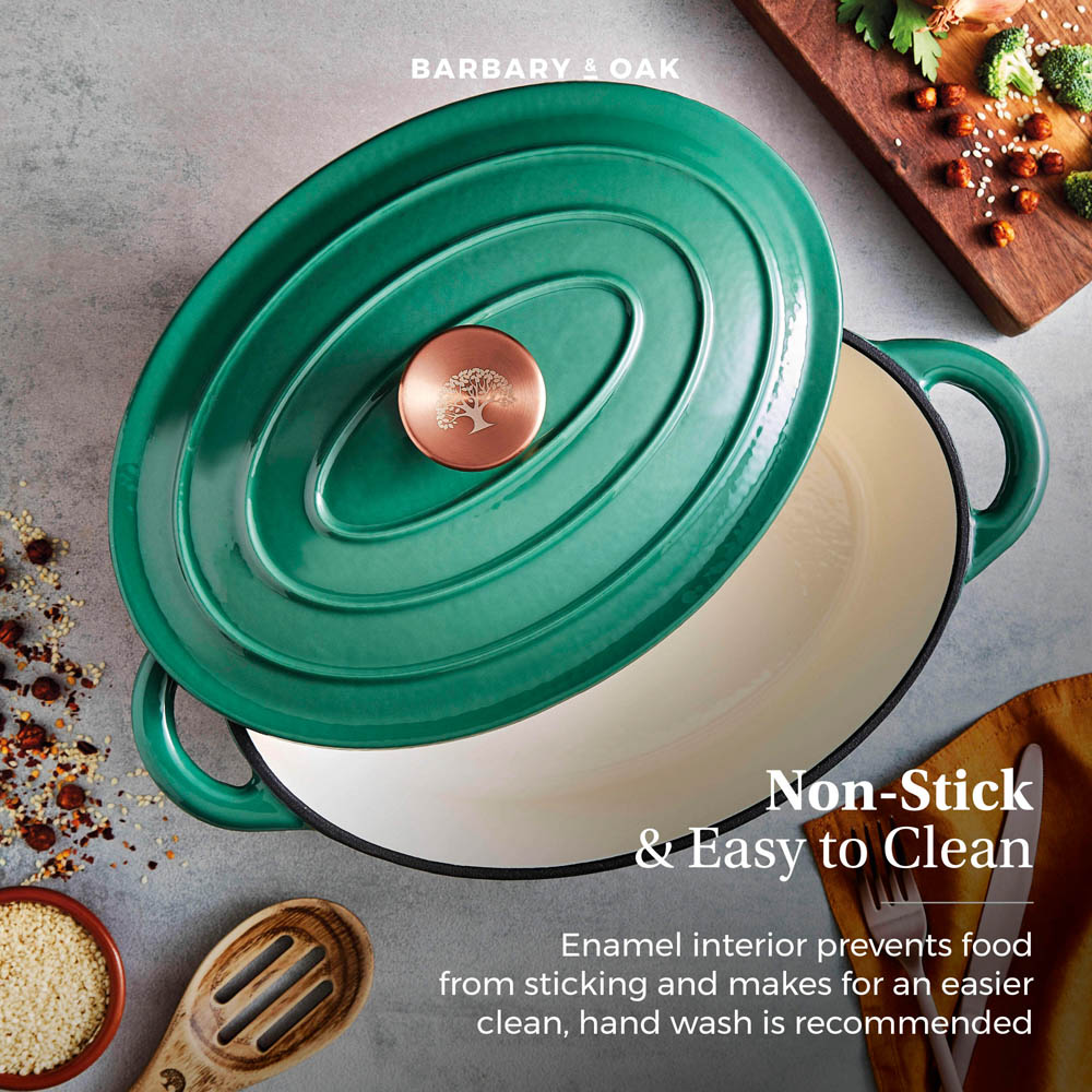Barbary & Oak 29cm Verdigris Green Cast Iron Oval Casserole Dish with Domed Lid Image 4