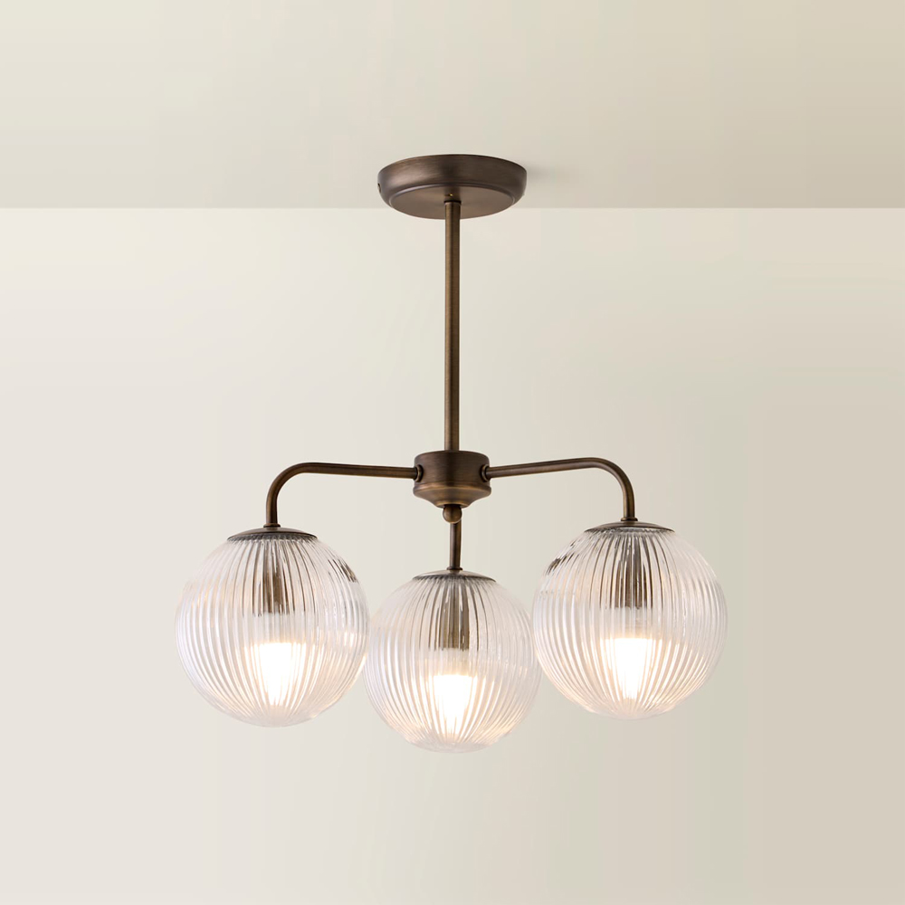 ValueLights Kempton 3 Arm Glass Globe Shade Brass Chandelier with Bulb Image 3