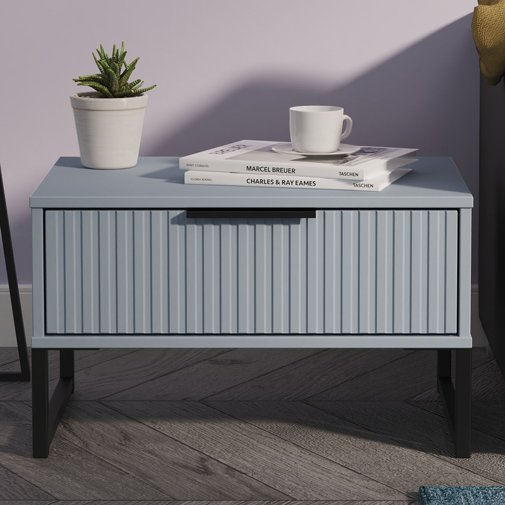 Crowndale Fluted Single Drawer Denim Blue Wide Side Table Ready Assembled Image 1