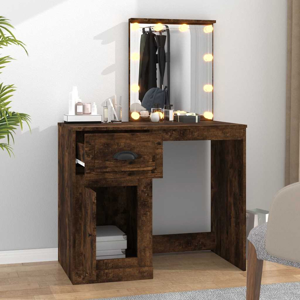 vidaXL Single Door Single Drawer Smoked Oak Dressing Table with LED Mirror Image 1