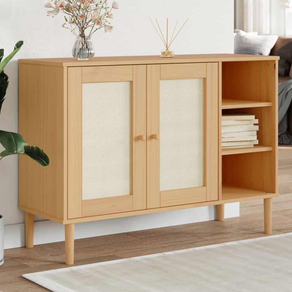 vidaXL 2 Rattan Door 3 Shelf Brown Pine Wood Sideboard Image 1