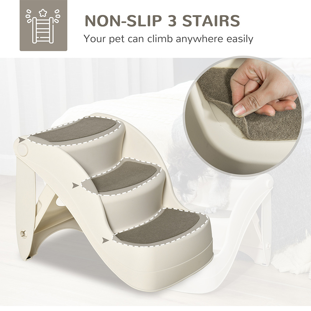 PawHut Cream 3 Steps Small Dog Foldable Pet Stairs with Non-slip Mats Image 4