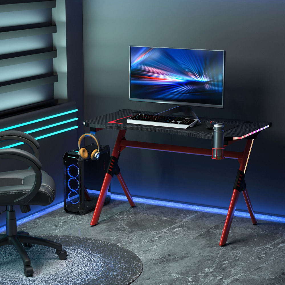 Portland RGB LED Gaming Desk with Cup Holder Black and Red Image 3
