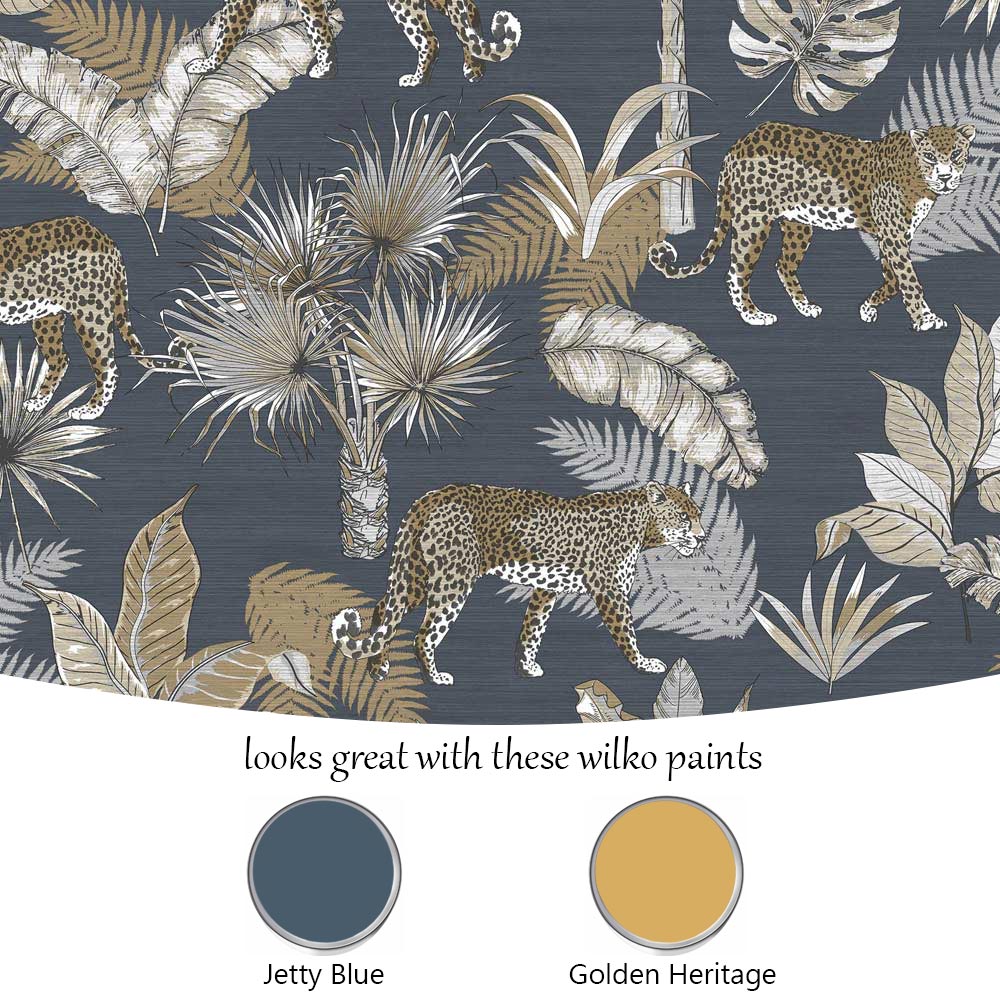 Grandeco Leopard Jungle Palm Linen Navy Textured Wallpaper Image 4