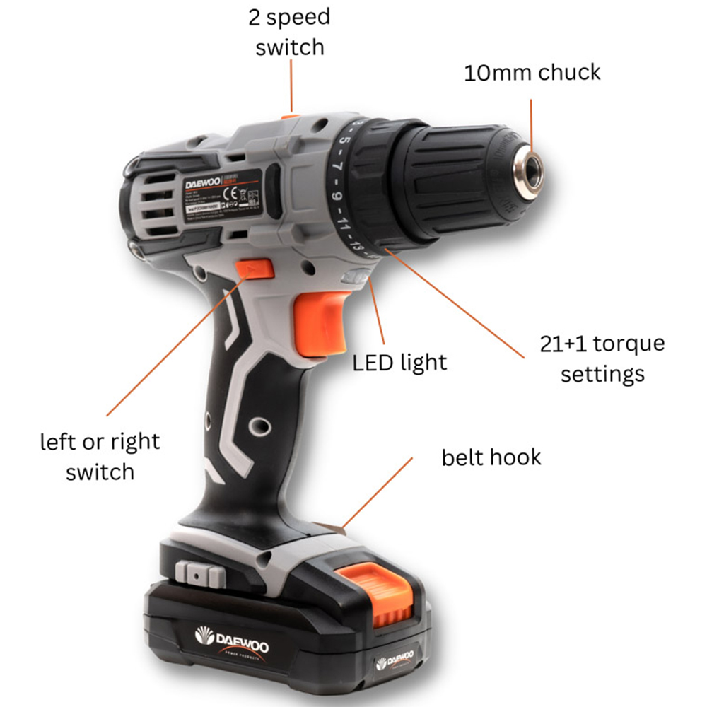 Daewoo U-Force 18V Cordless Drill Driver with 2.0Ah Battery Charger 50 Piece Drill Bit Set Image 7