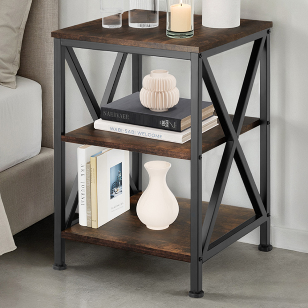 Tectake Nottingham 2 Shelf Rustic Dark Wood Bedside Table Image 1