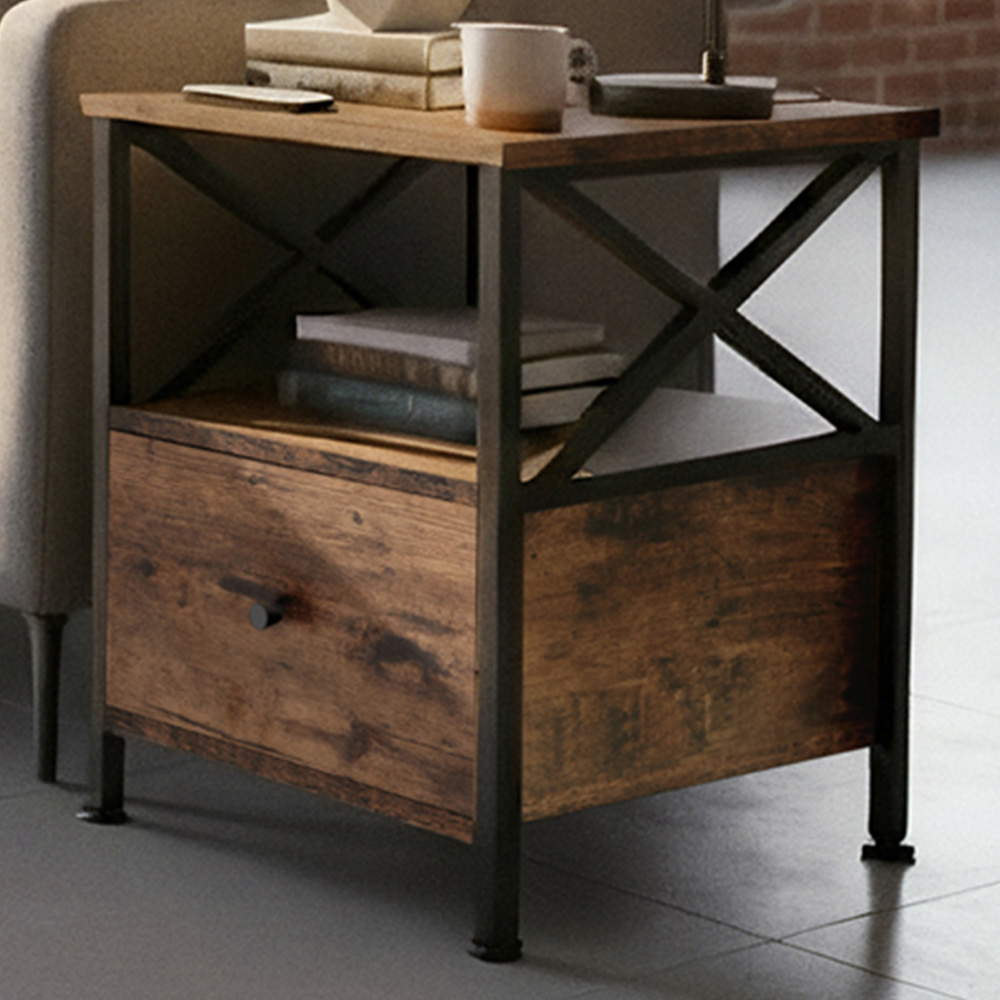 tectake Falkirk Single Drawer 2 Shelf Dark Industrial Wood Rustic Bedside Table Image 1