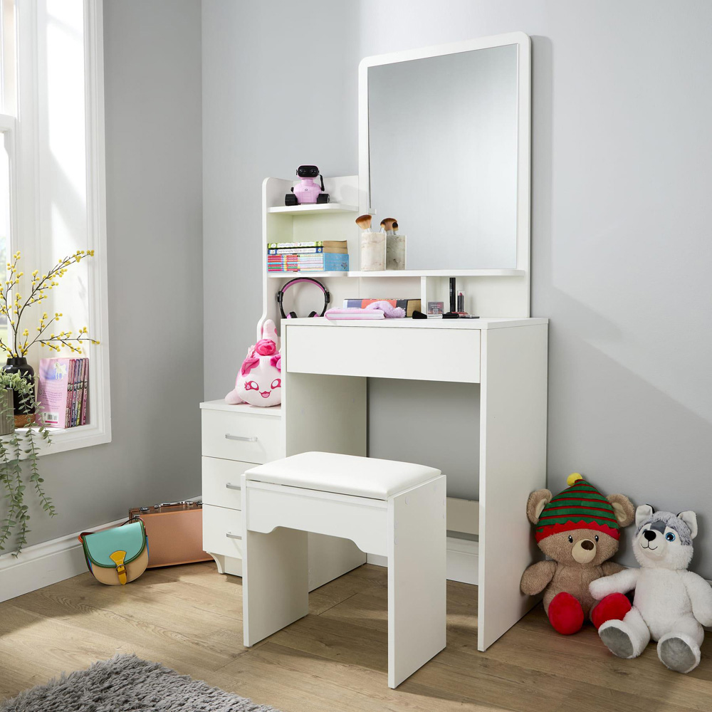 Home Source Arlo 4 Drawer 4 Shelf White Vanity Table and Cushioned Stool Set with Mirror Image 7