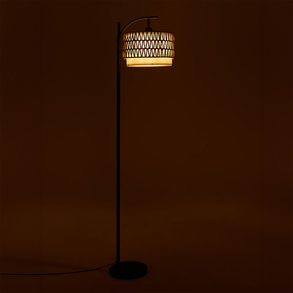 Living and Home Black and Natural Rattan Paper Rope Fabric Shade Adjustable E27 Floor Lamp Image 2