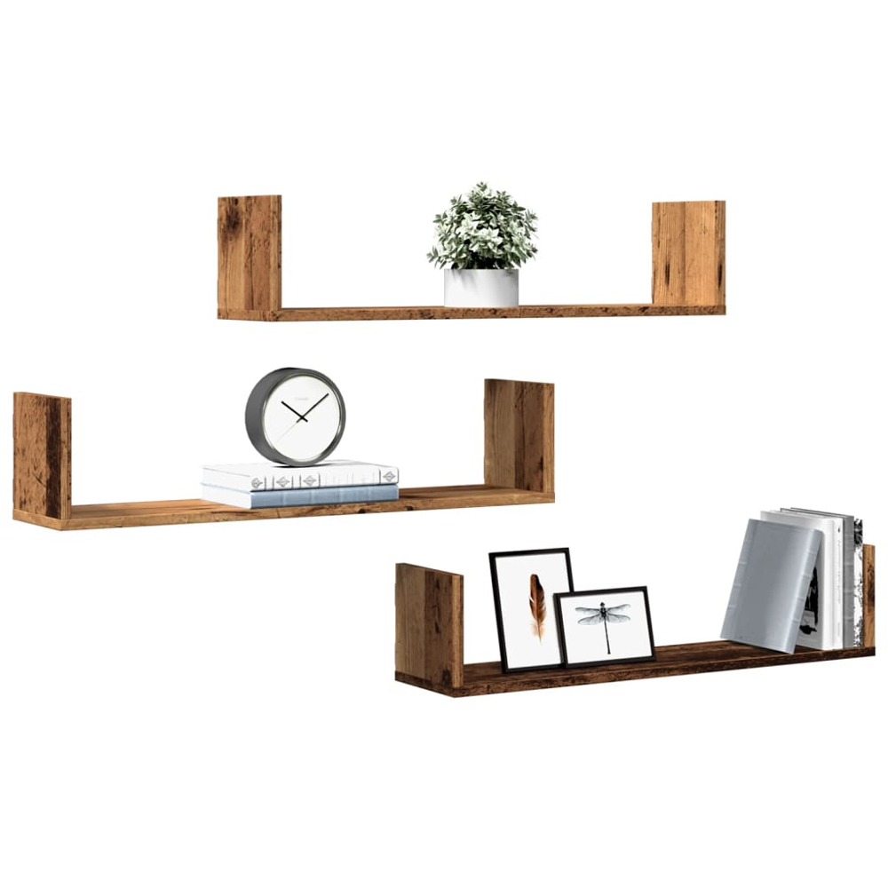 vidaXL 80 x 18 x 18cm Set of 3 Old Wood Wall Shelf Image 2