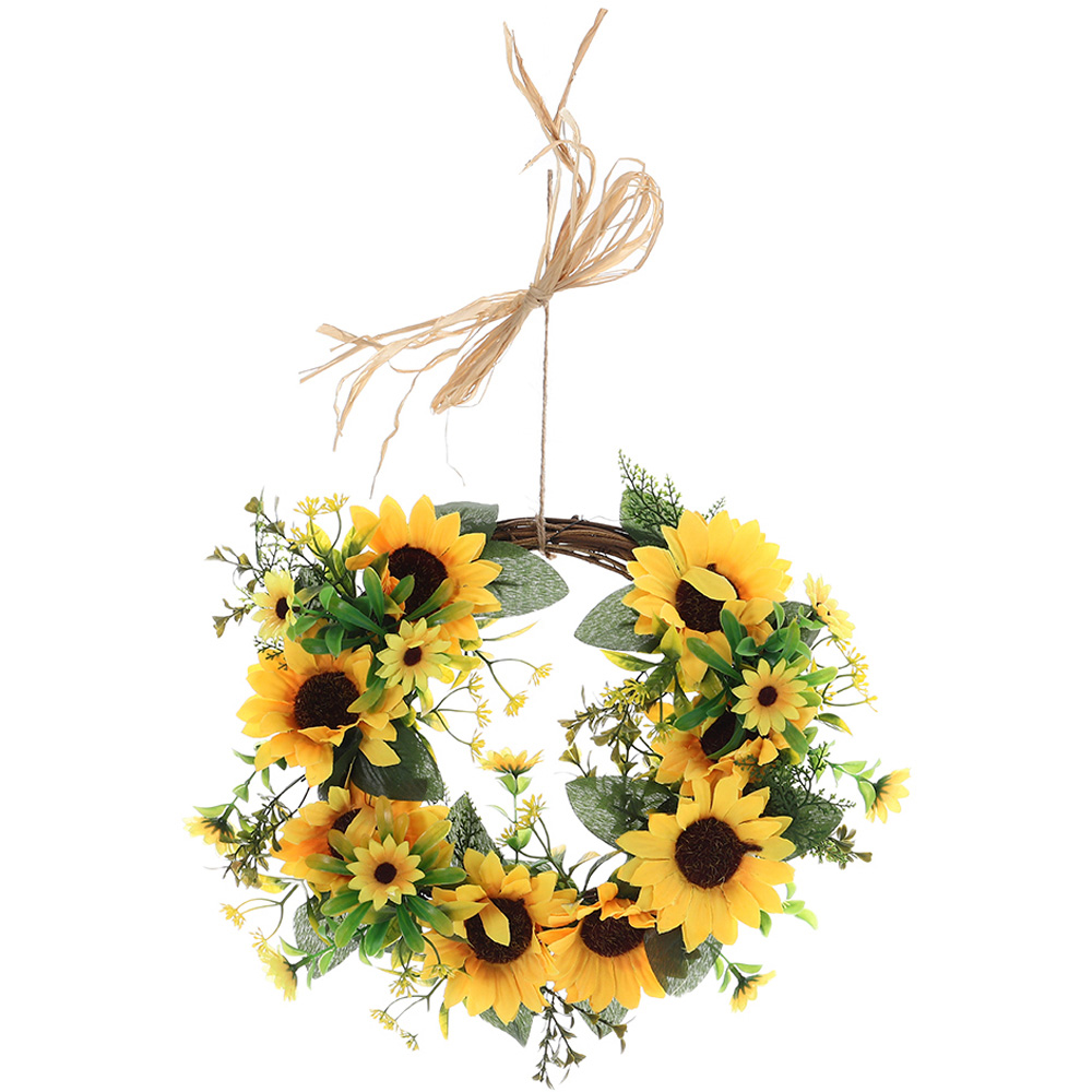 Living and Home Green and Yellow Artificial Sunflower Wreath 35cm Image 1