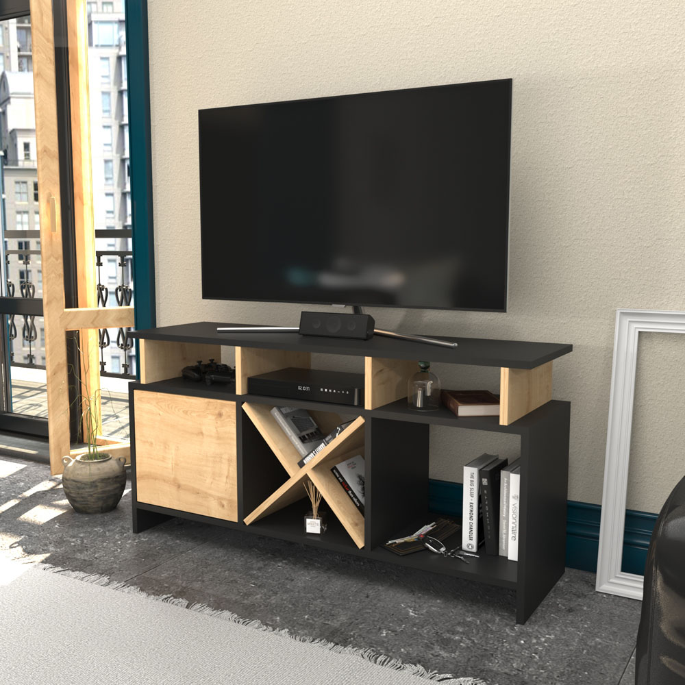 Decorotika Aurburn Single Door 8 Shelf Anthracite and Sapphire Oak TV Unit Image 3