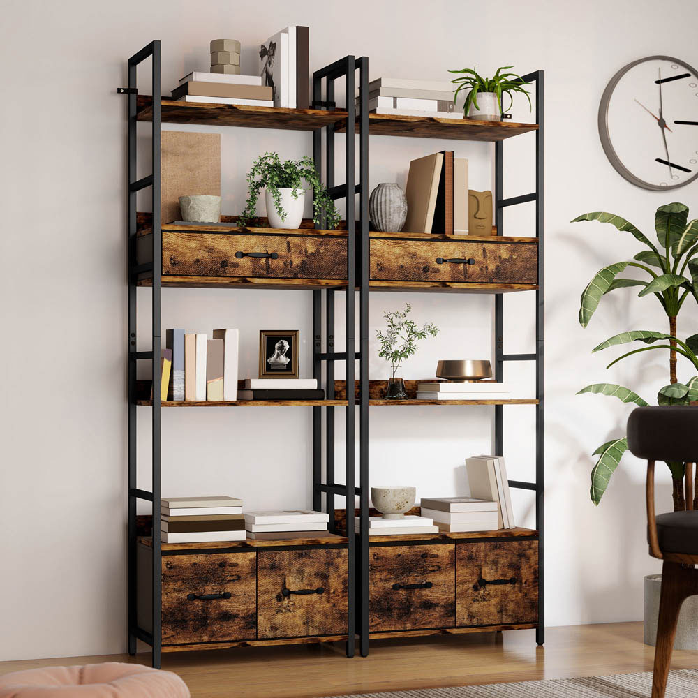 Portland 3 Fabric Drawer and 4 Shelf Rustic Brown Industrial Bookcase Image 3