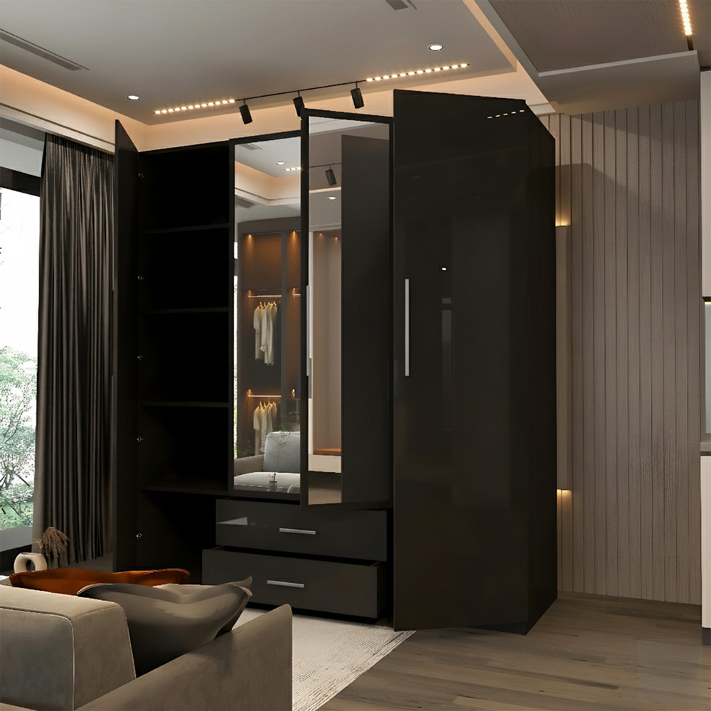 Sliding Wardrobes 4U 4 Door 2 Drawer Black High Gloss Hinge Door Wardrobe 160cm Image 3