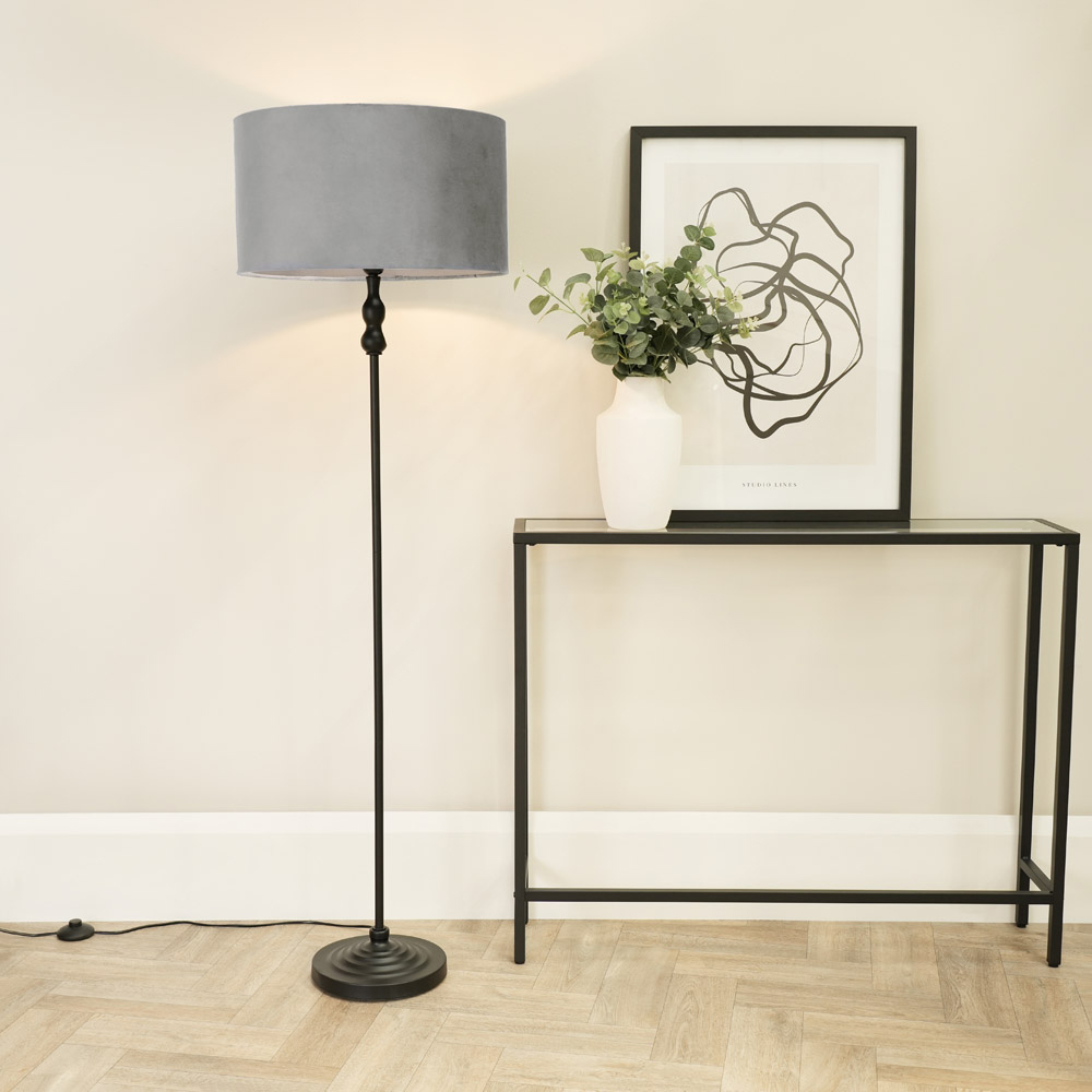 ValueLights Maggie Grey Velvet Shade Black Metal Candlestick Floor Lamp Image 2