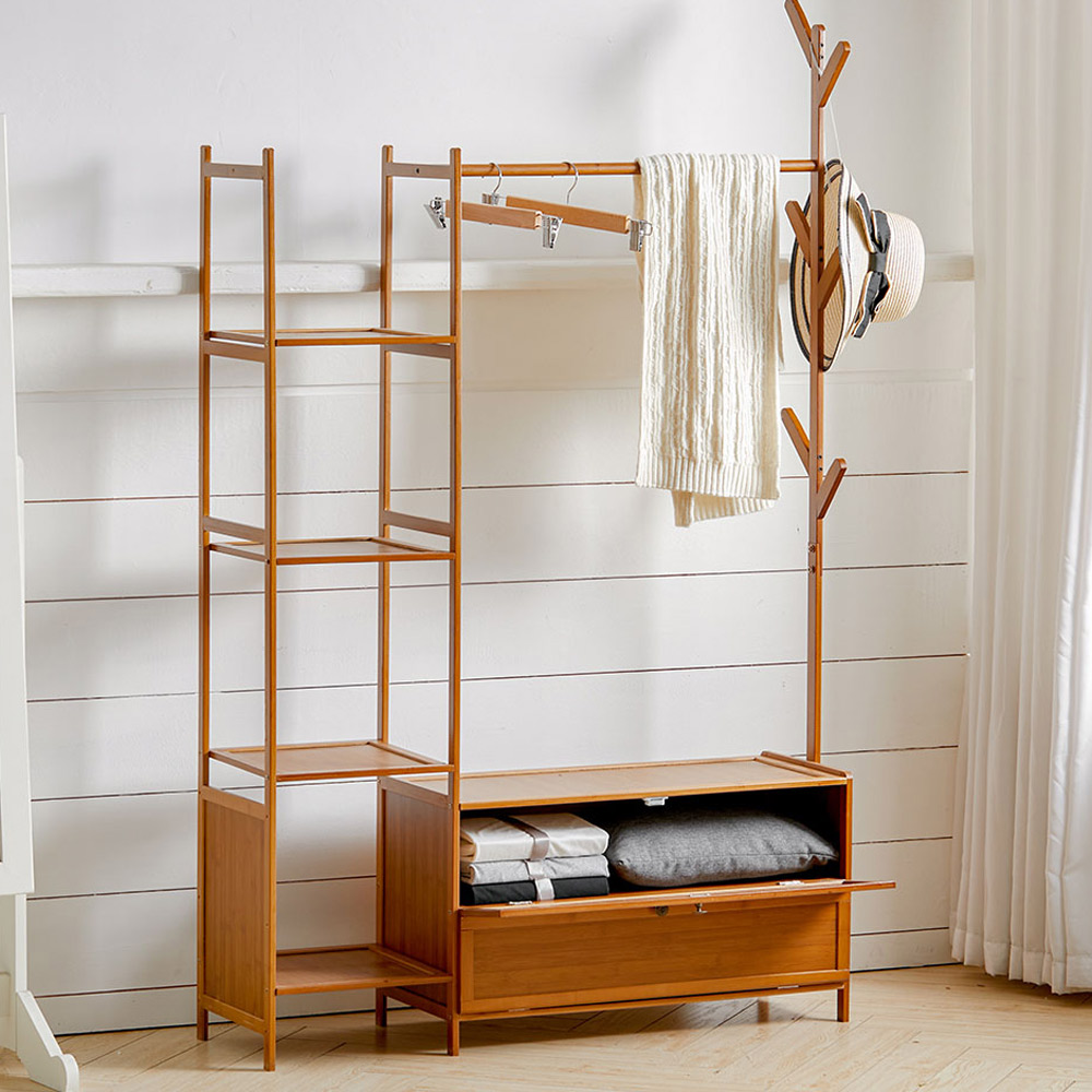 Living and Home Freestanding Bamboo Clothes Rack with Drawers Image 2