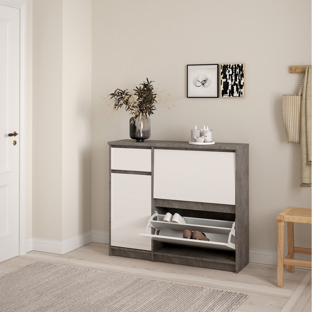 Florence Single Door 3 Drawer Concrete and White High Gloss Shoe Cabinet Image 6