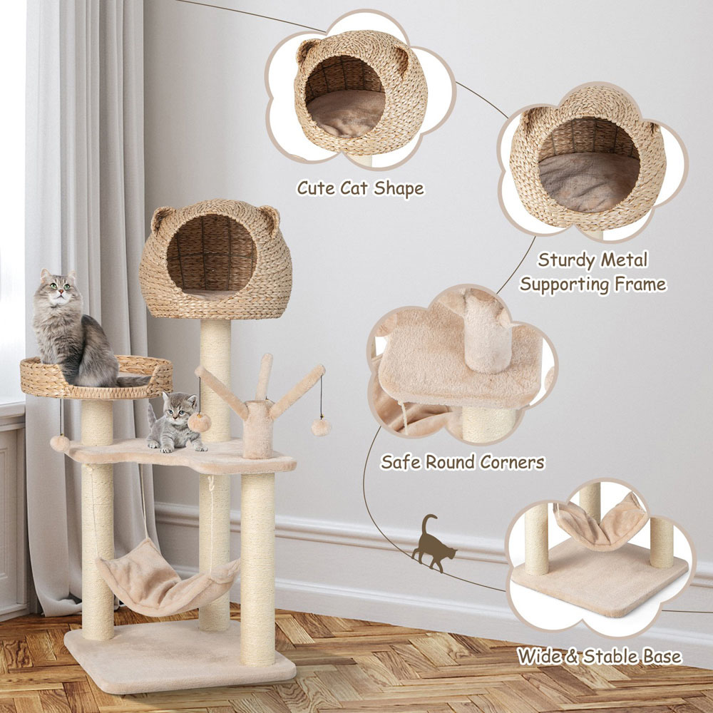 Costway 121cm Natural Cat Tree Scratcher with Cattail Fluff Condo Image 5