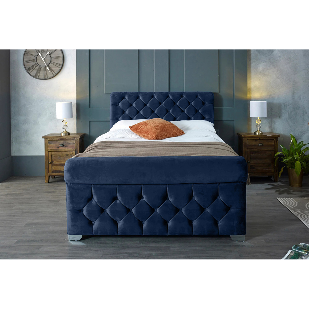 Eleganza Home Veneta Super King Size Blue Plush Velvet Bed Frame with Chesterfield Headboard Image 6