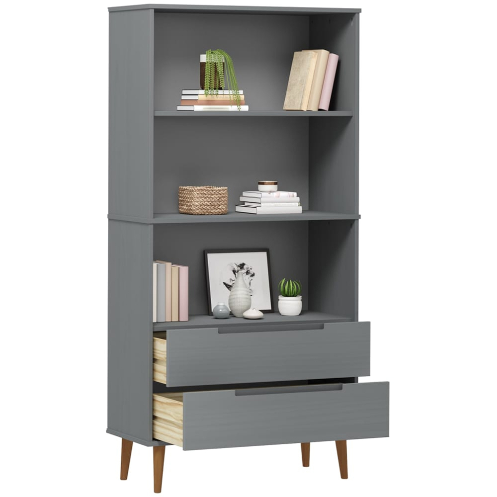 vidaXL 2 Drawer 3 Shelf Grey Pine Wood Bookcase Image 3