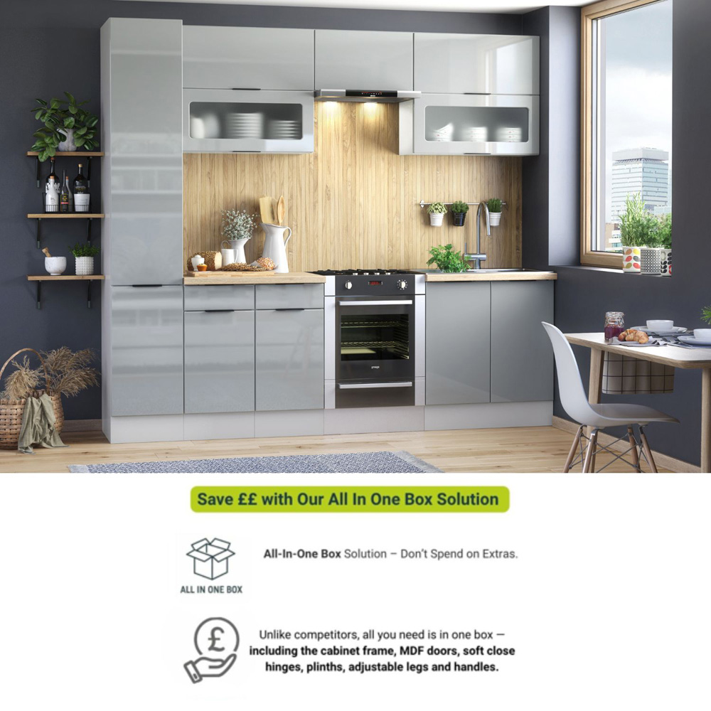 Impact Furniture Star Light Grey Gloss Star Kitchen Cabinet Set of 7 Image 2