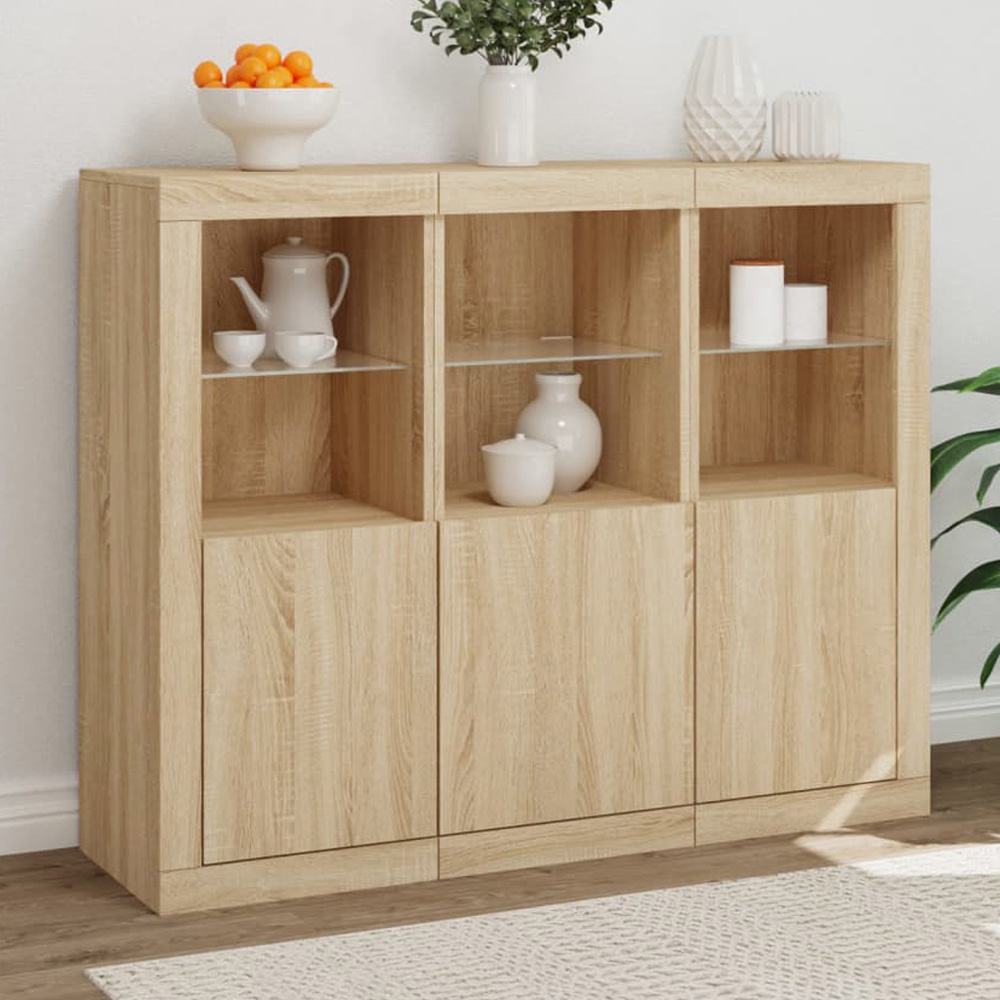 vidaXL 3 Door 6 Open Shelf Sonoma Oak Sideboard with LED Lights Image 1