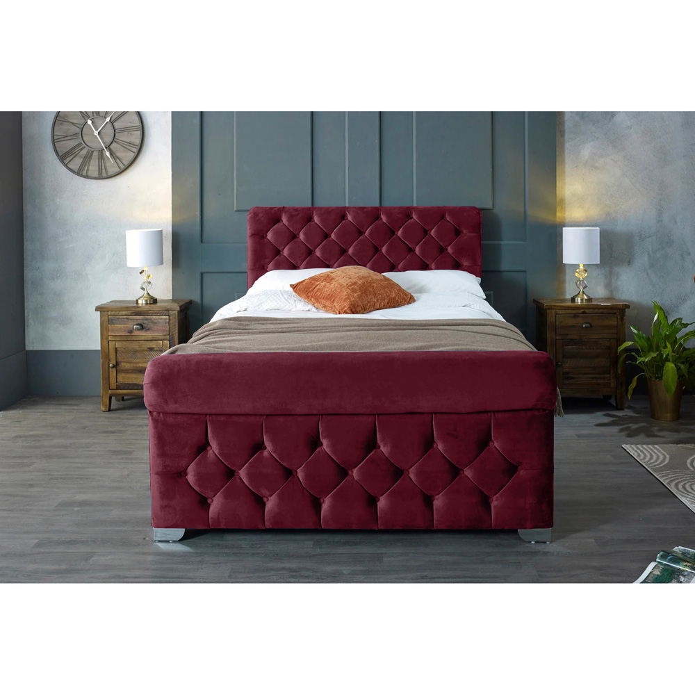 Eleganza Home Veneta Double Maroon Plush Velvet Bed Frame with Chesterfield Headboard Image 6