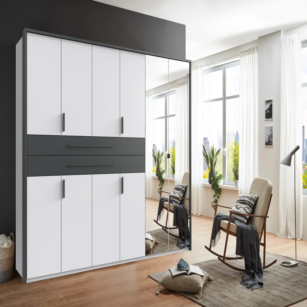 TJ'S Digit 6 Door 2 Drawer White and Graphite Mirrored Wardrobe Image 5