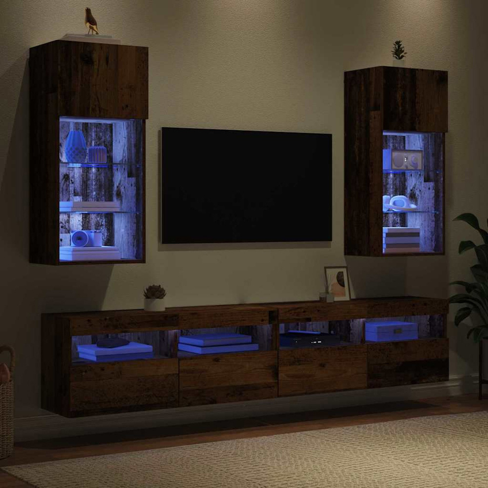 vidaXL Single Door 3 Shelf Old Wood Wide Wall Mounted LED TV Unit Set of 2 Image 9