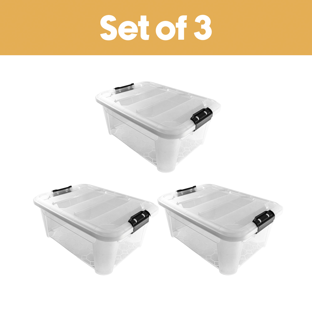 JVL 25L Clear Plastic Stackable and Nestable Storage Box with Secure Clip Lid 3 Pack Image 5