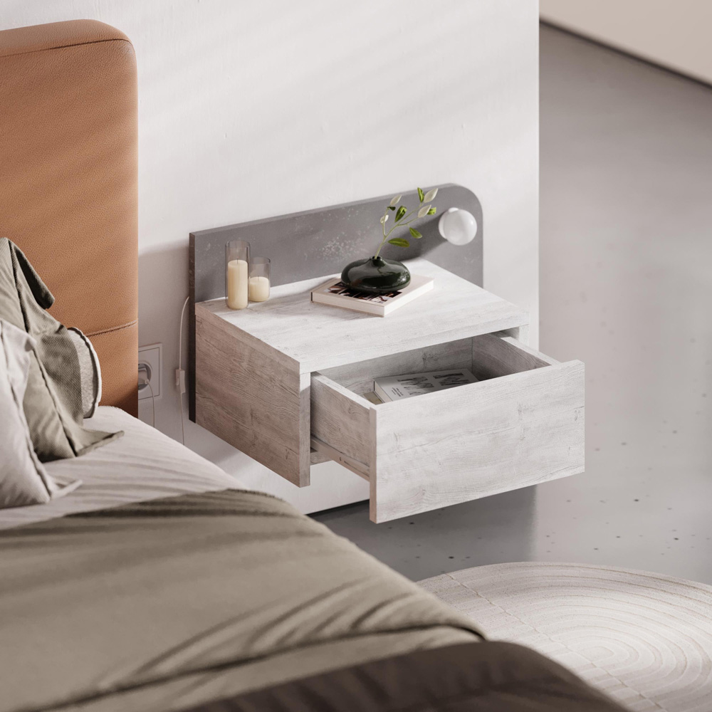Decortie Dotta Single Drawer Ancient White Wall Mounted Bedside Table with Night Light Image 5