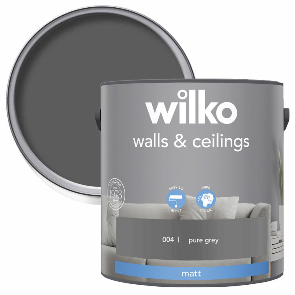 Wilko Walls & Ceilings Pure Grey Matt Emulsion Paint 2.5L Image 1