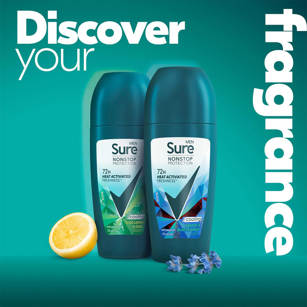 Sure Men Nonstop Protection Menthol and Blue Lavender Antiperspirant Roll On 50ml 6 Pack Image 3