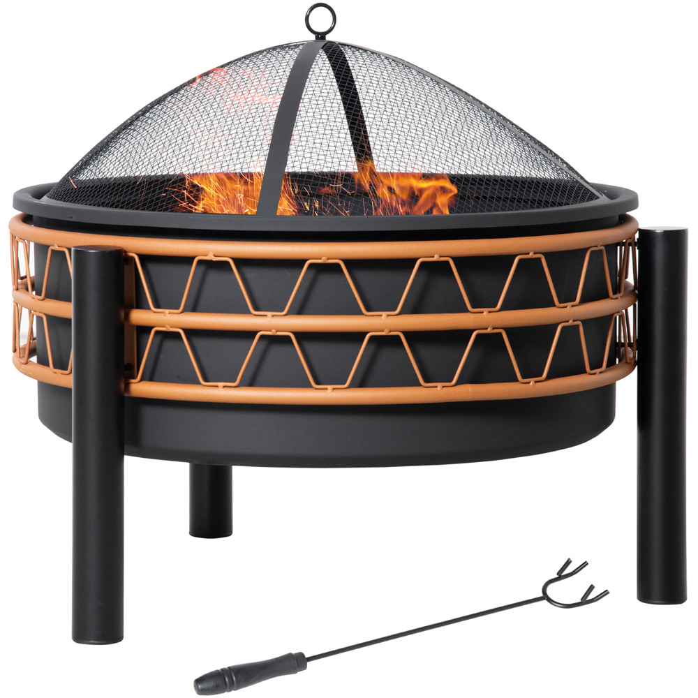 Outsunny Powder-Coated Steel Orange Fire Bowl with Poker and Mesh Lid Image 1