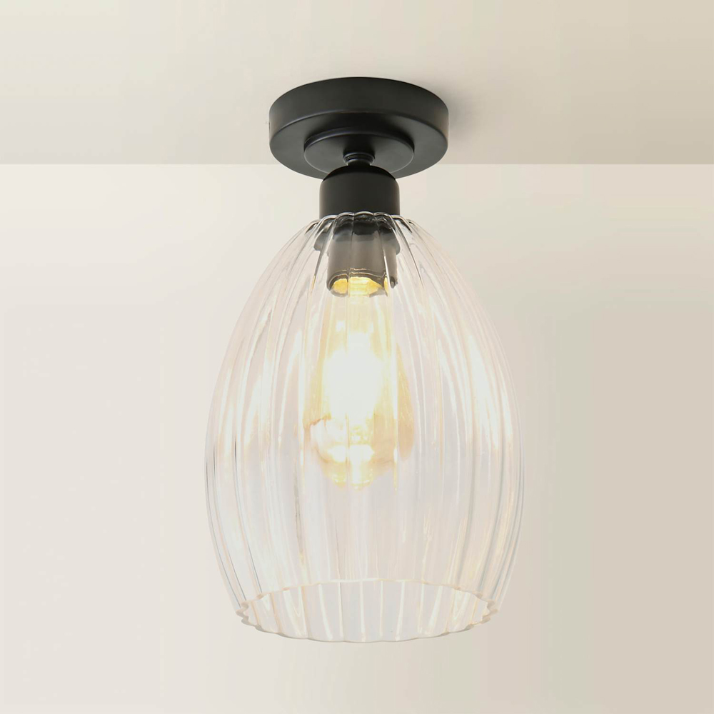 ValueLights Cheltenham Ribbed Shade Matte Black Flush Ceiling Light with Bulb Image 5
