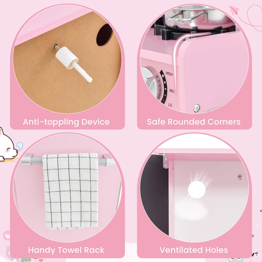 Costway Toddler Cream Pink Kitchen Play Set with Accessories and Simulated Sounds Image 6