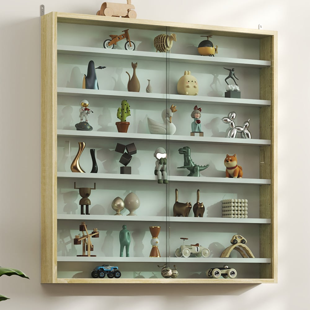 HOMCOM 7-Tier Glass Doors Oak Wall Display Cabinet Image 1