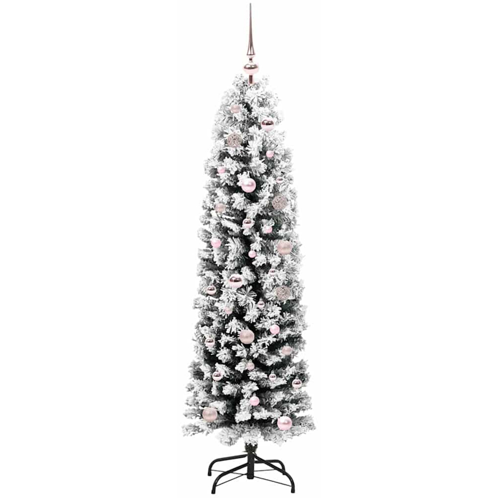 vidaXL Green Snow Flocked Artificial Christmas Tree with LEDs Pink Decoration Ornaments 5ft Image 5