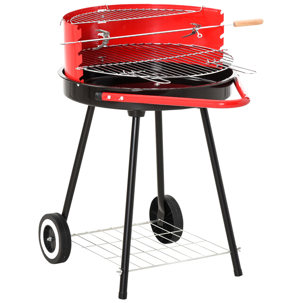 Outsunny Red and Black Round Charcoal Trolley BBQ Grill Image 1