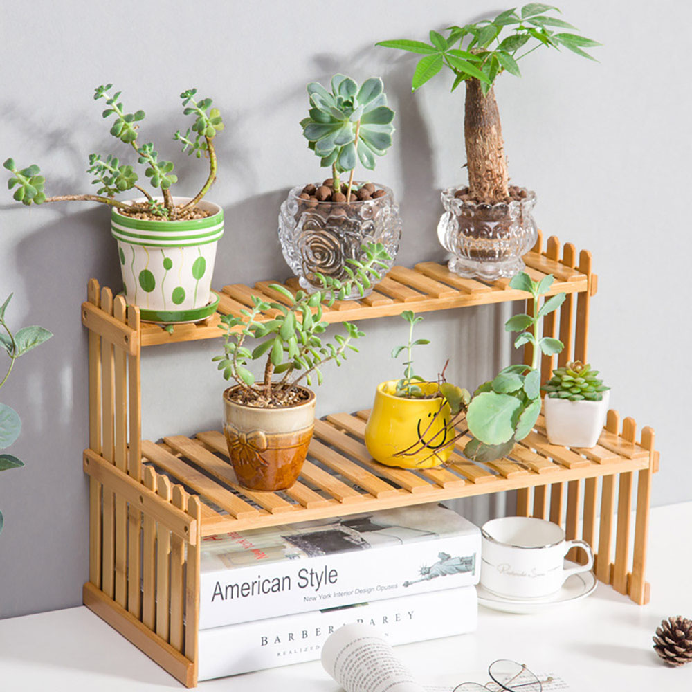 Living and Home 2 Shelf Wooden Tabletop Natural Plant Stand Image 6
