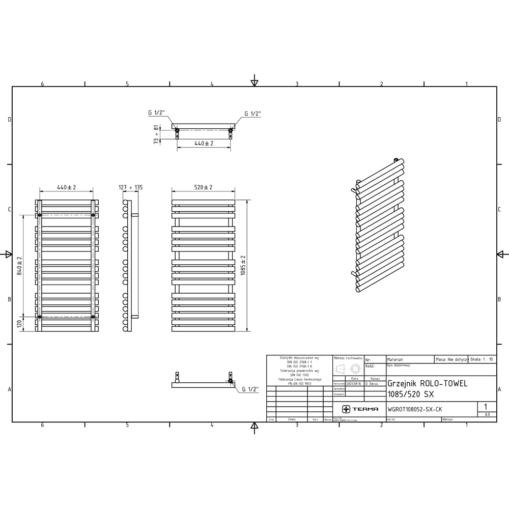 Terma Rolo Towel Brass Electric Towel Rail with VEO Element Controller 1085 x 520mm Image 7