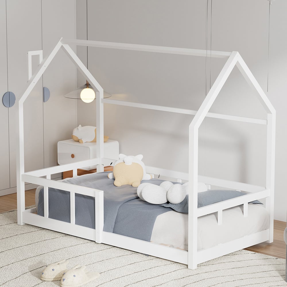 Living and Home Single White Pine Wood House Bed Frame Image 1